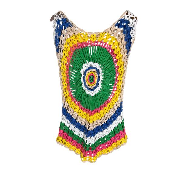 U-Style Bright Multicolor Sleeveless Open Crochet Relaxed Coverup Festival Top - Picture 7 of 10